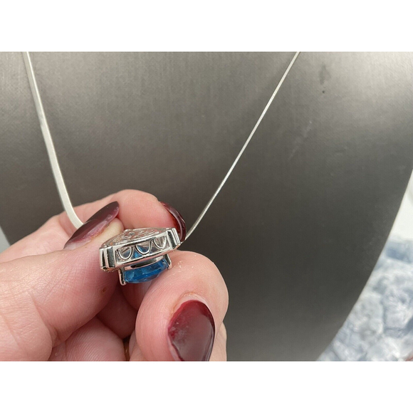 925/14k Blue Topaz 16mm x 10mm w/ Diamond Chips Pendant w/ 24” Chain - Picture 5 of 5